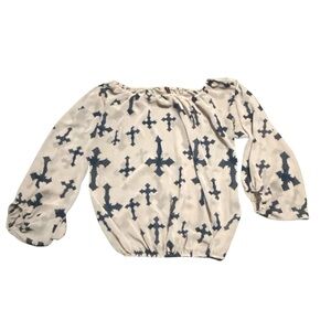 Emma Rose Bishop Sleeve Top Cross Print‎ Beige Blouse Sheer Long Sleeve